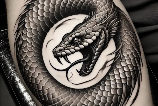 DALL·E 2024-08-30 17.50.07 - A tattoo design featuring the Ouroboros symbol. The Ouroboros is depicted as a detailed serpent forming a circle by consuming its own tail. The scales