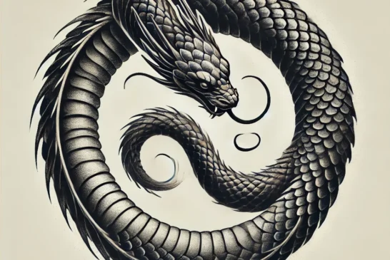 DALL·E 2024-08-30 17.56.00 - A tattoo design featuring the Ouroboros symbol, depicted as a detailed serpent forming a circle by consuming its own tail. The design focuses on intri