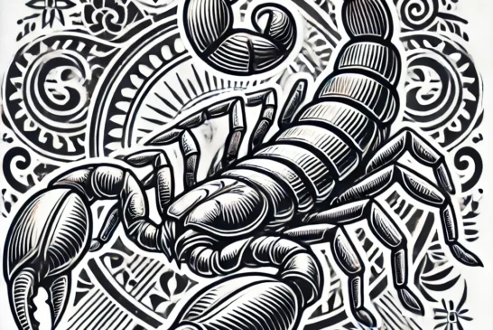 DALL·E 2024-08-19 11.34.33 - A tattoo design featuring a scorpion. The design should be bold and detailed, with the scorpion in a striking, dynamic pose, showing its claws and tai