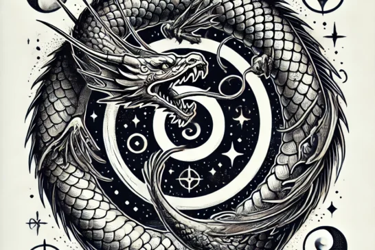 DALL·E 2024-08-19 12.33.45 - A tattoo design featuring the Ouroboros symbol. The design should depict a serpent or dragon in a circular form, eating its own tail. The creature sho